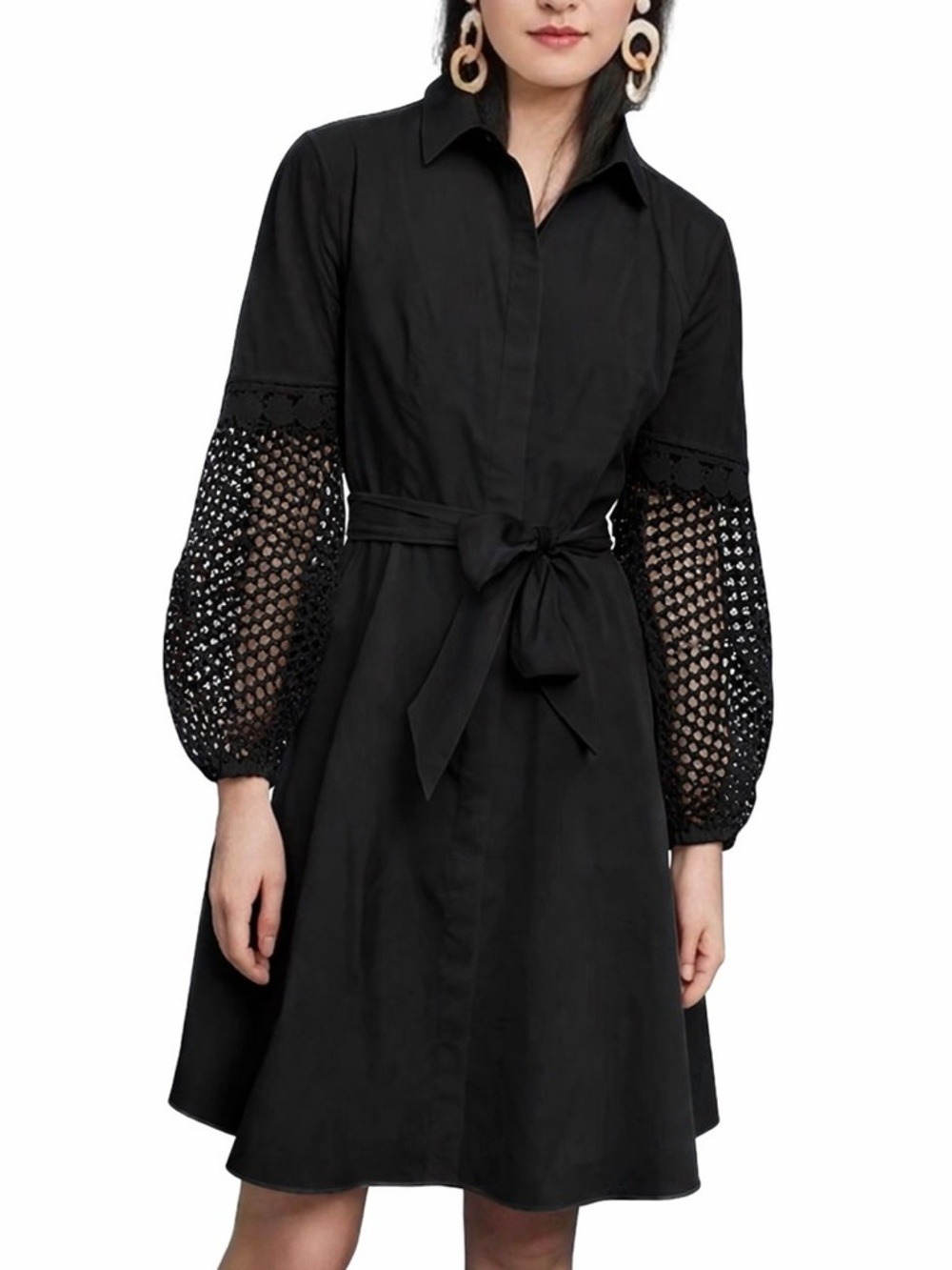 Anthropologie New Crochet Poplin Shirt dress Adria Moss Black Size 6 Minimalist
